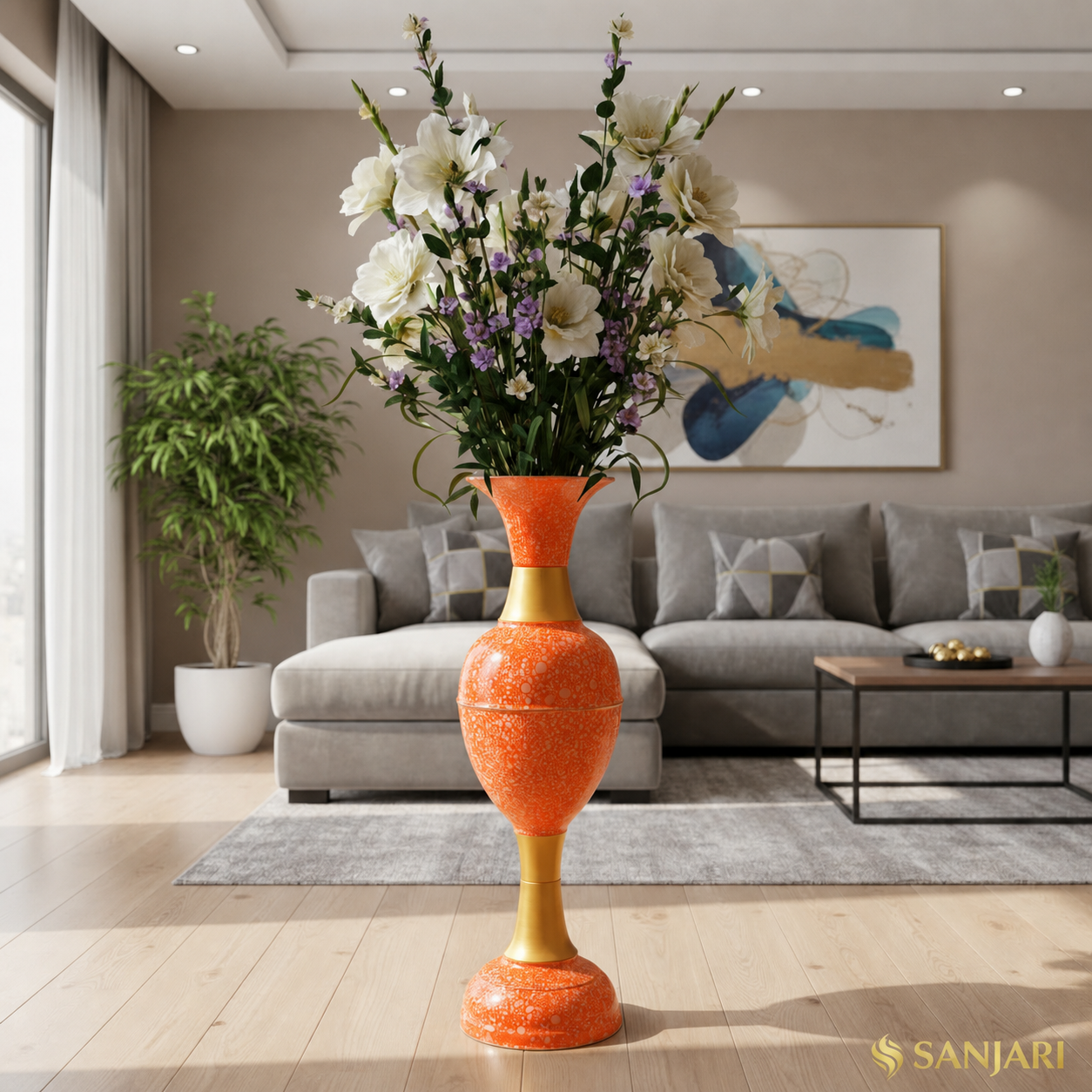 SANJARI Marble Luxe Amber (ML-A01) Decorative Metal Flower Vase 30 Height Long Inch Yellow & Gold – Stylish Home Decor Accent with Durable Craftsmanship – Contemporary Design for Flowers, Living Room, and Wedding Decor |